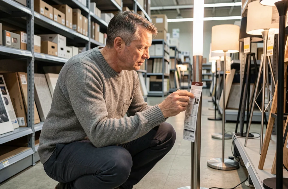 Homme lisant attentivement l'étiquette technique d'une lampe halogène sur pied dans un magasin de luminaires avant achat