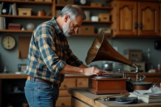 Homme d'âge moyen examinant un gramophone vintage dans un atelier
