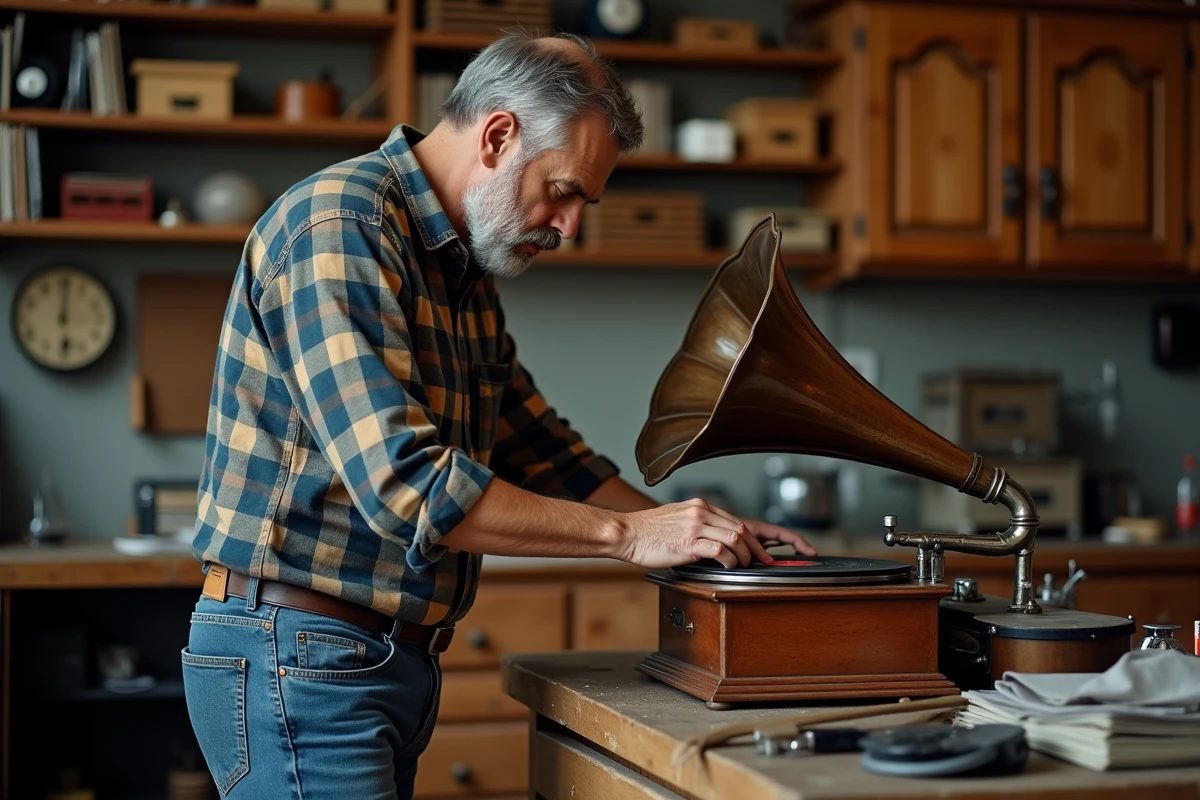 Homme d'âge moyen examinant un gramophone vintage dans un atelier
