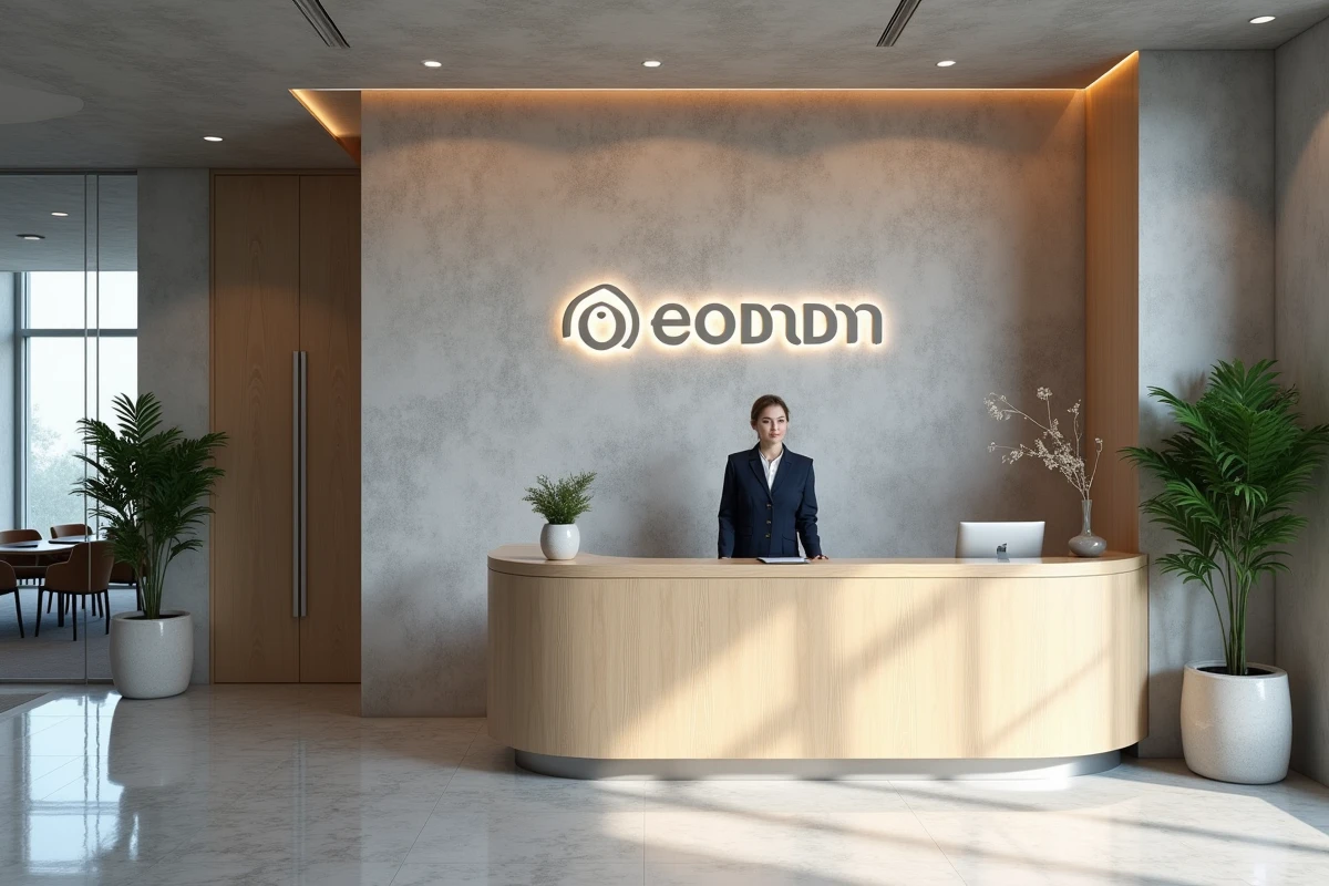 Accueil d'entreprise avec signalétique de marque minimaliste et réceptionniste en uniforme, illustrant l'interior communication au service de l'identité visuelle