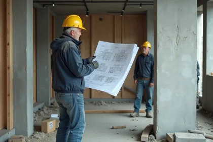 Ingénieur de chantier examinant un plan architectural devant un mur de refend en béton brut dans un bâtiment en construction