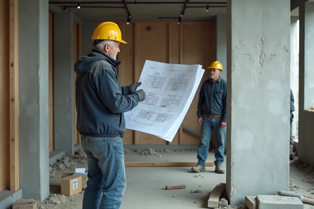 Ingénieur de chantier examinant un plan architectural devant un mur de refend en béton brut dans un bâtiment en construction