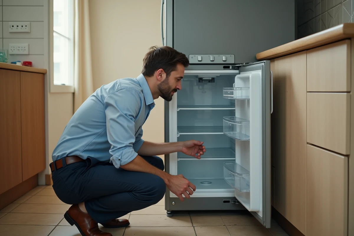 Homme inspectant le compresseur et la partie arrière d'un réfrigérateur pour détecter une fuite de gaz