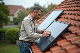 Homme inspectant un panneau solaire sur le toit d'une maison