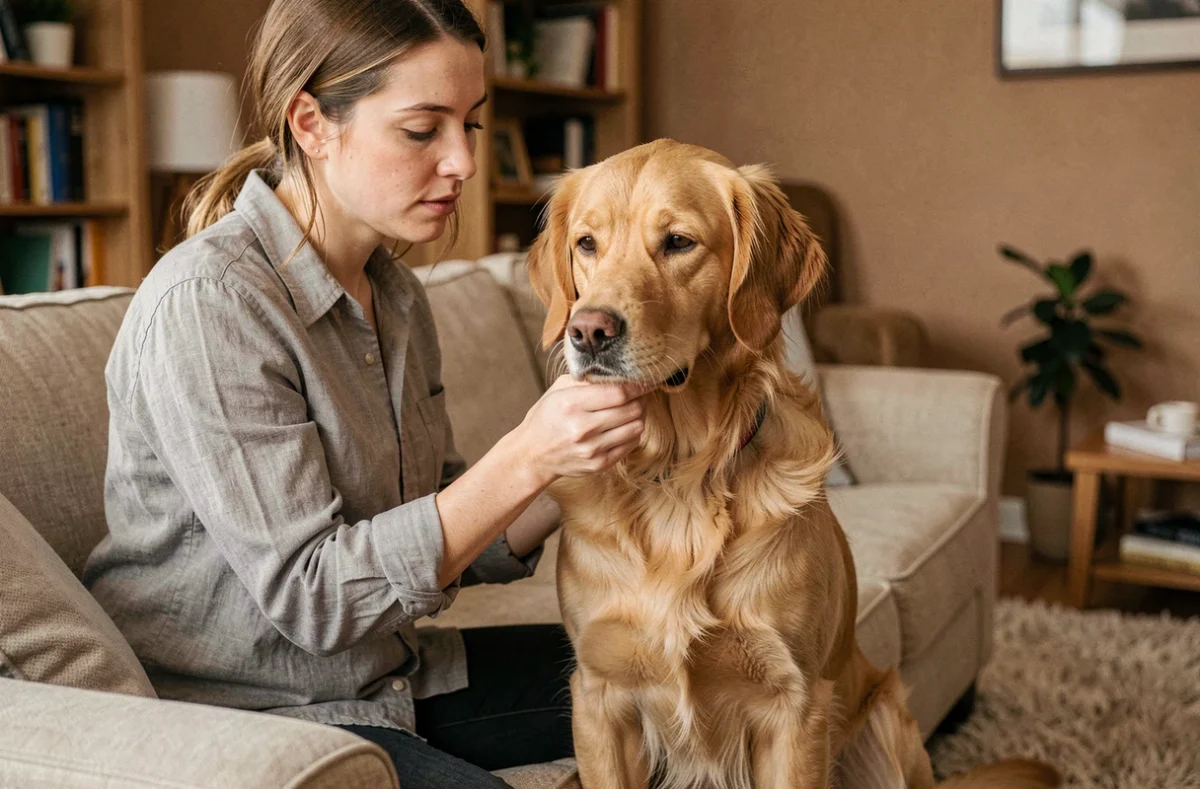 Femme inspectant le pelage de son chien golden retriever sur un canapé pour détecter des insectes parasites