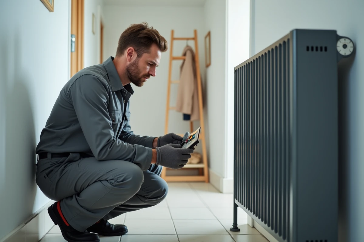 Technicien installant un accumulateur électrique dans un couloir résidentiel moderne