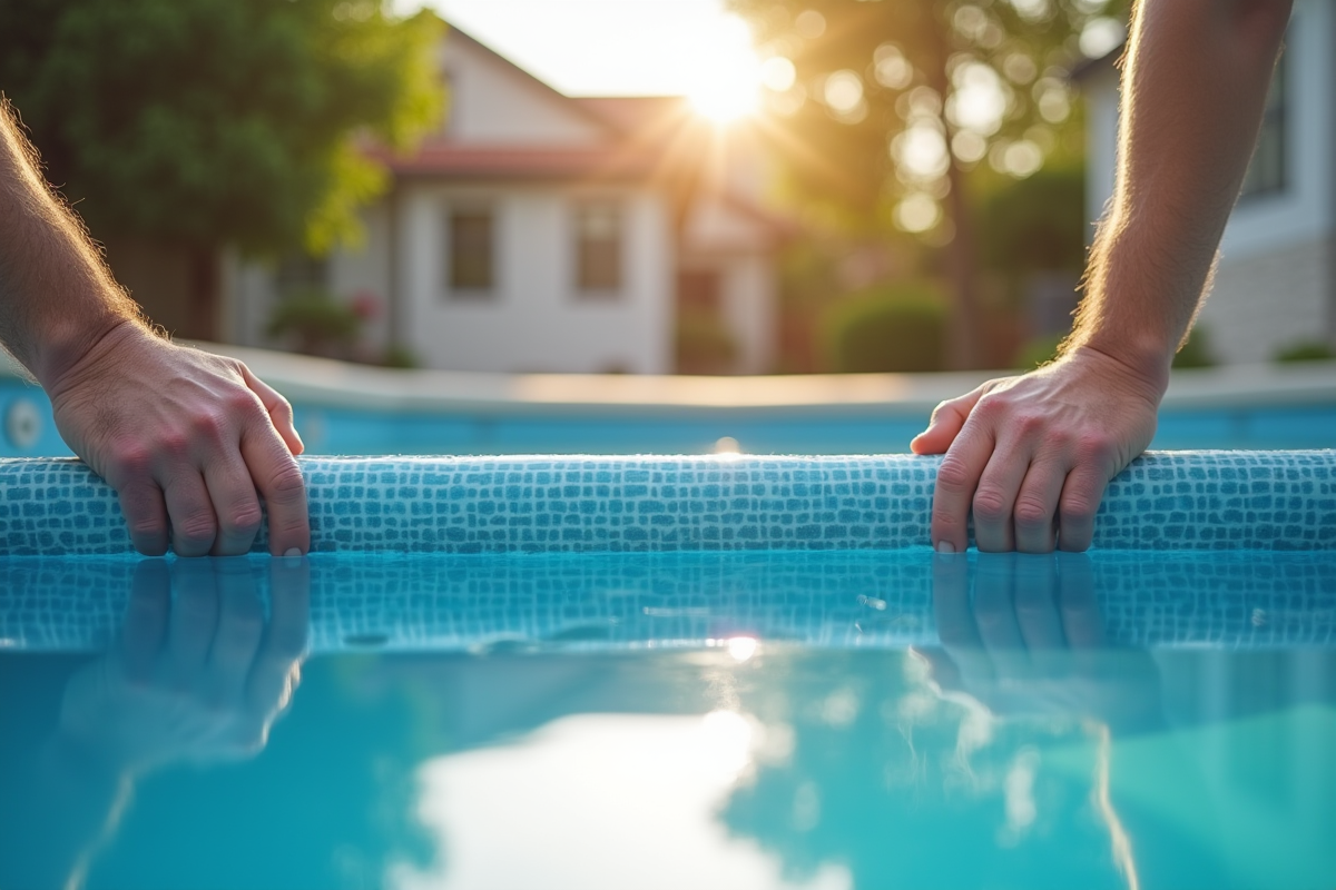Technicien installant une couverture de sécurité pour piscine