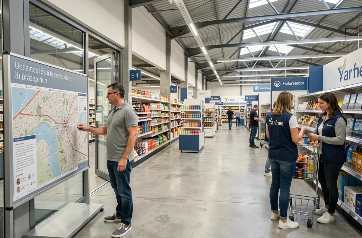 Intérieur d'un magasin moderne à Nîmes avec des allées bien organisées et du personnel prêt à accueillir les clients