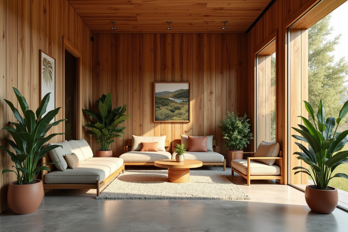 Intérieur moderne avec matériaux durables et plantes vertes