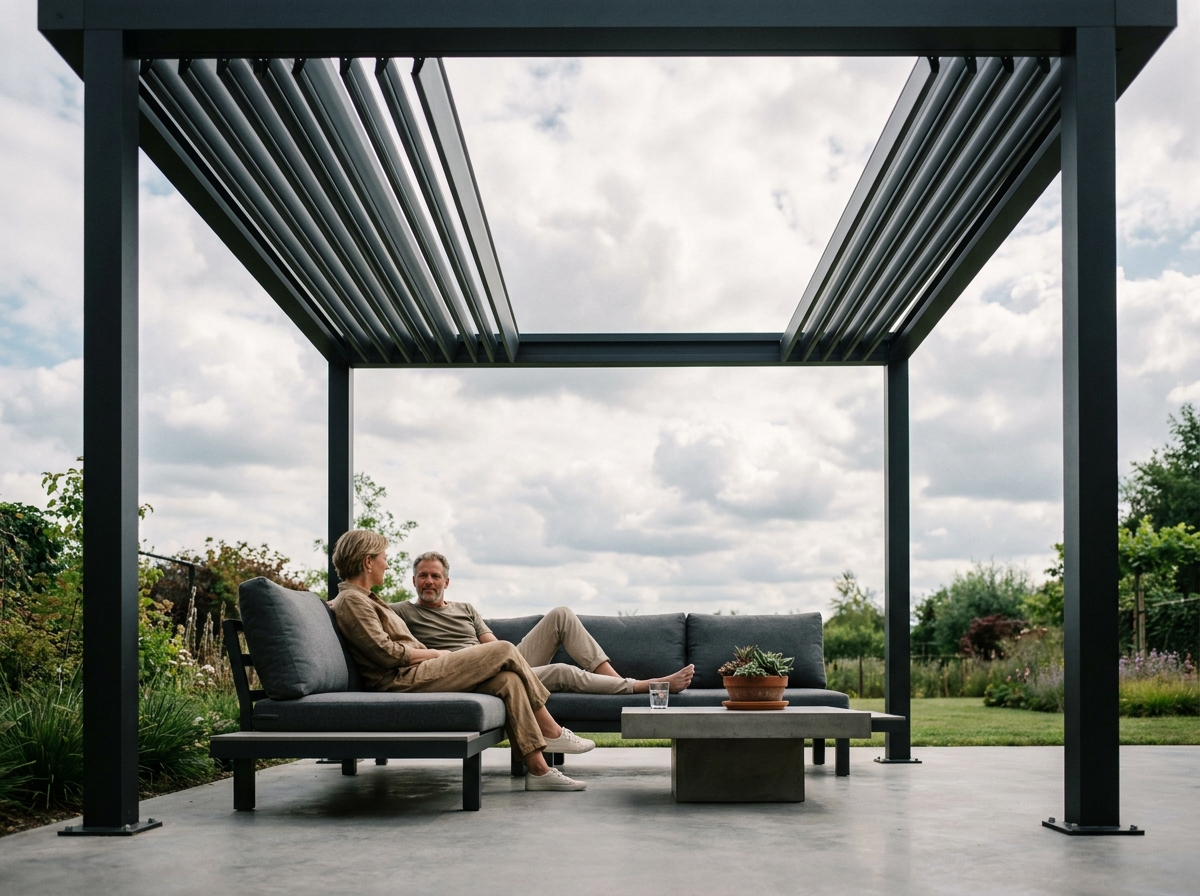 Vue intérieure d'une pergola bioclimatique avec couple détendu sur canapé d'extérieur, lames aluminium orientées vers le ciel nuageux