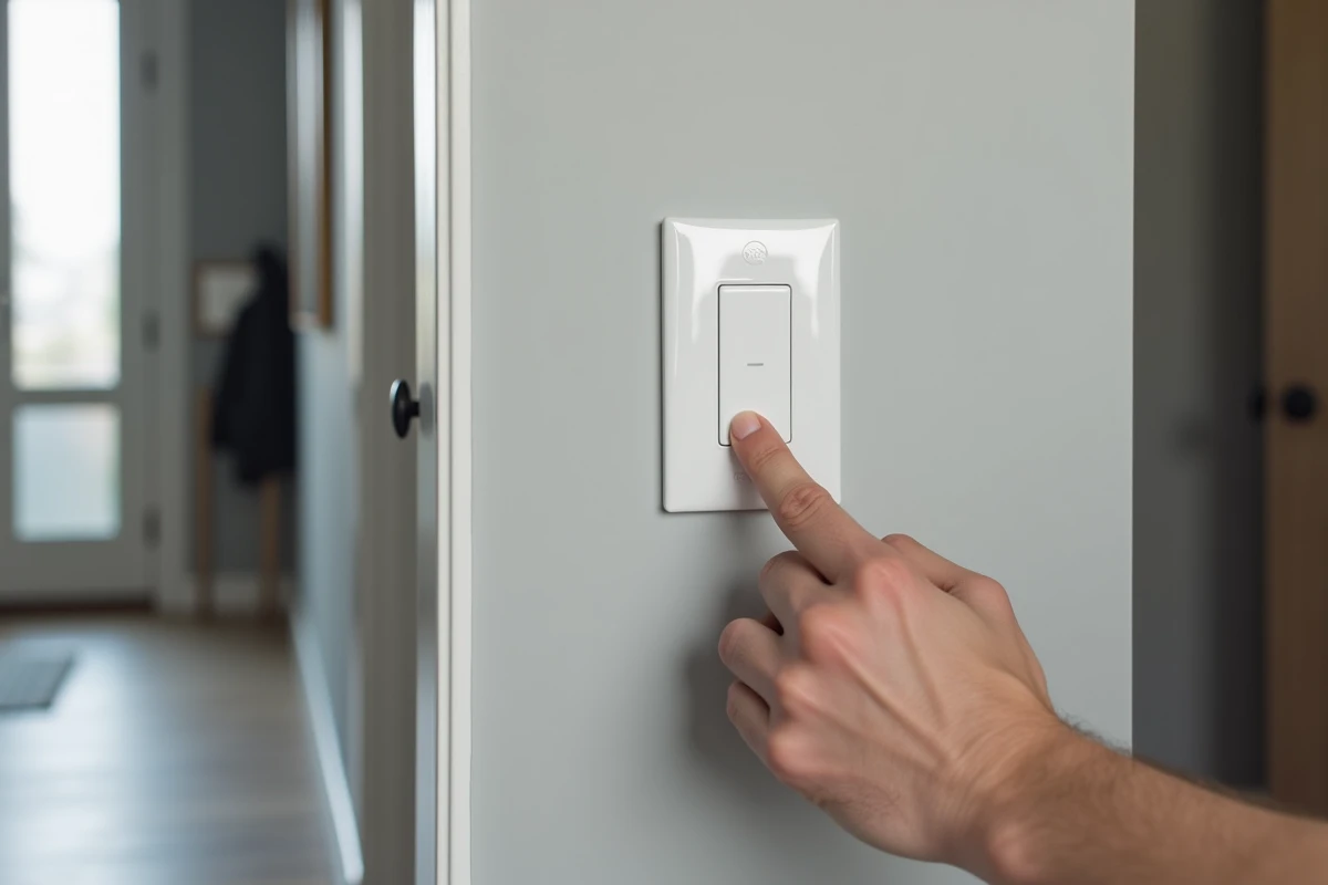 Interrupteur poussoir Legrand installé et encastré dans un couloir moderne, doigt appuyant sur le bouton pour tester le fonctionnement