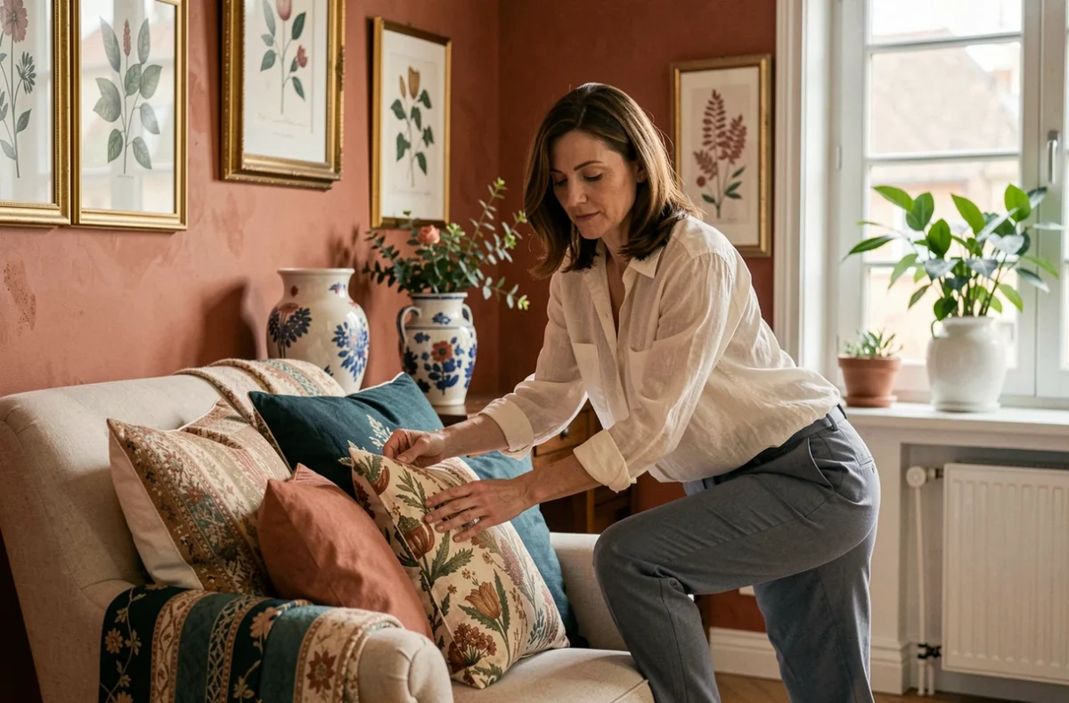 Décoratrice d'intérieur Isabelle Neeleman arrangeant des coussins dans un appartement strasbourgeois au décor chaleureux