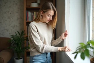 Femme appliquant du ruban isolant autour d'une fenêtre dans un salon