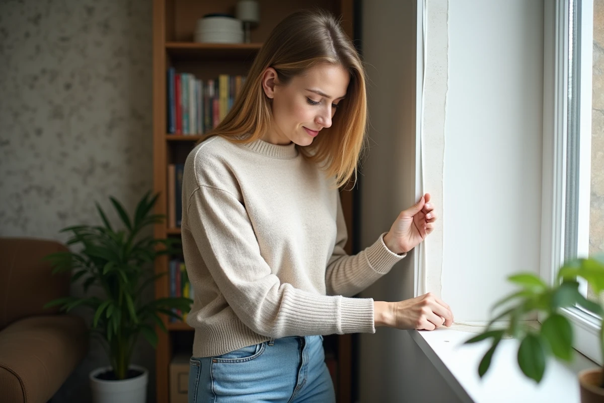 Femme appliquant du ruban isolant autour d'une fenêtre dans un salon