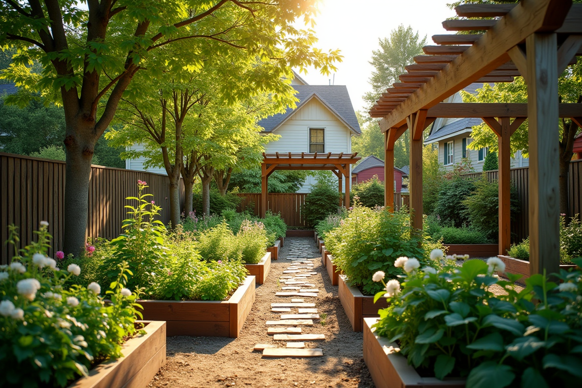 Jardin communautaire avec lits de légumes et pergola