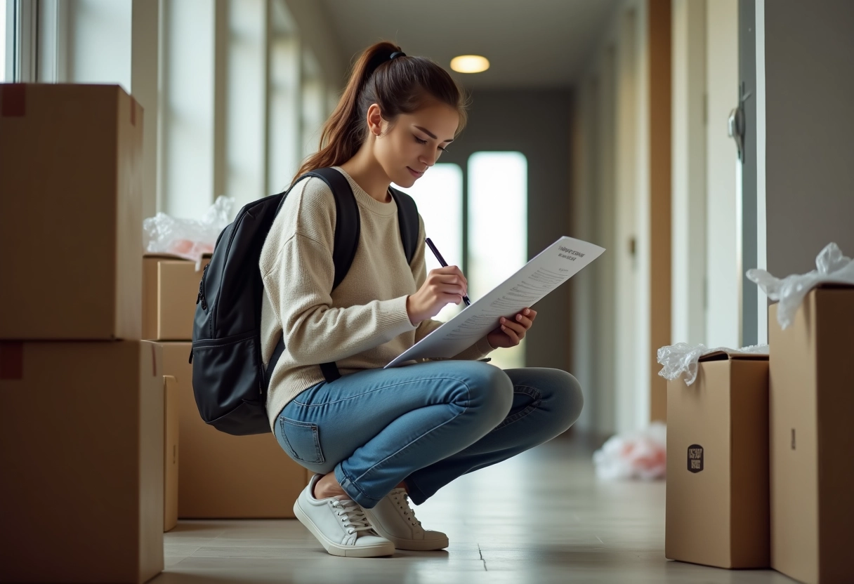 Jeune femme vérifiant sa liste de déménagement dans un couloir