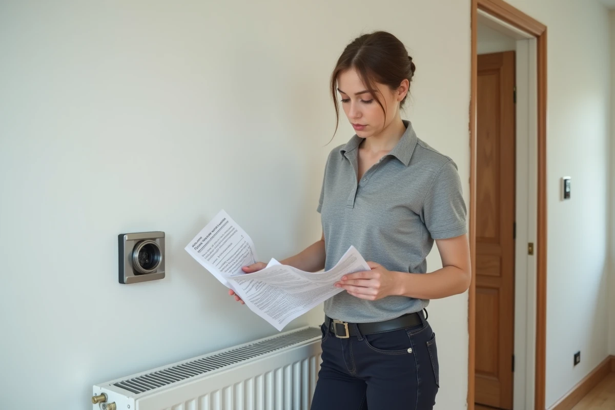 Jeune femme &eacute;lectricienne v&eacute;rifiant une prise de radiateur