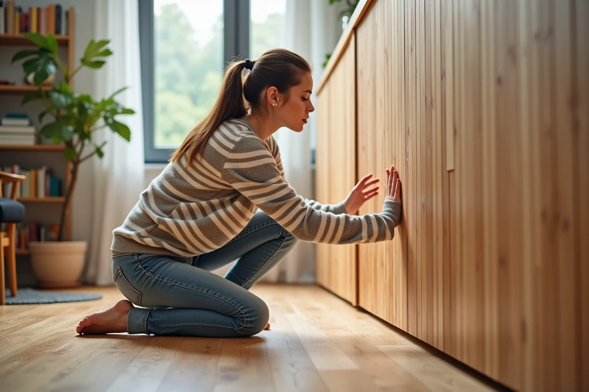 Jeune femme frustr&eacute;e v&eacute;rifiant des panneaux en bois mal align&eacute;s