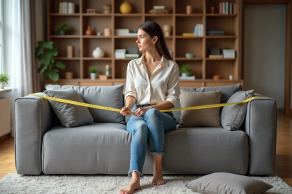 Jeune femme assise sur un canapé en jeans et chemise en lin avec mètre ruban