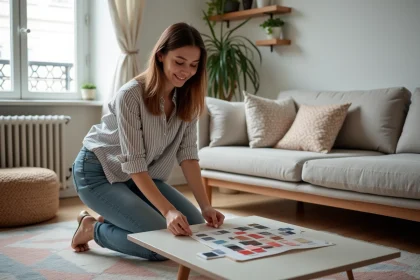 Jeune femme cr&eacute;ative pin&ccedil;ant des &eacute;chantillons de couleurs sur un mood board dans un salon parisien