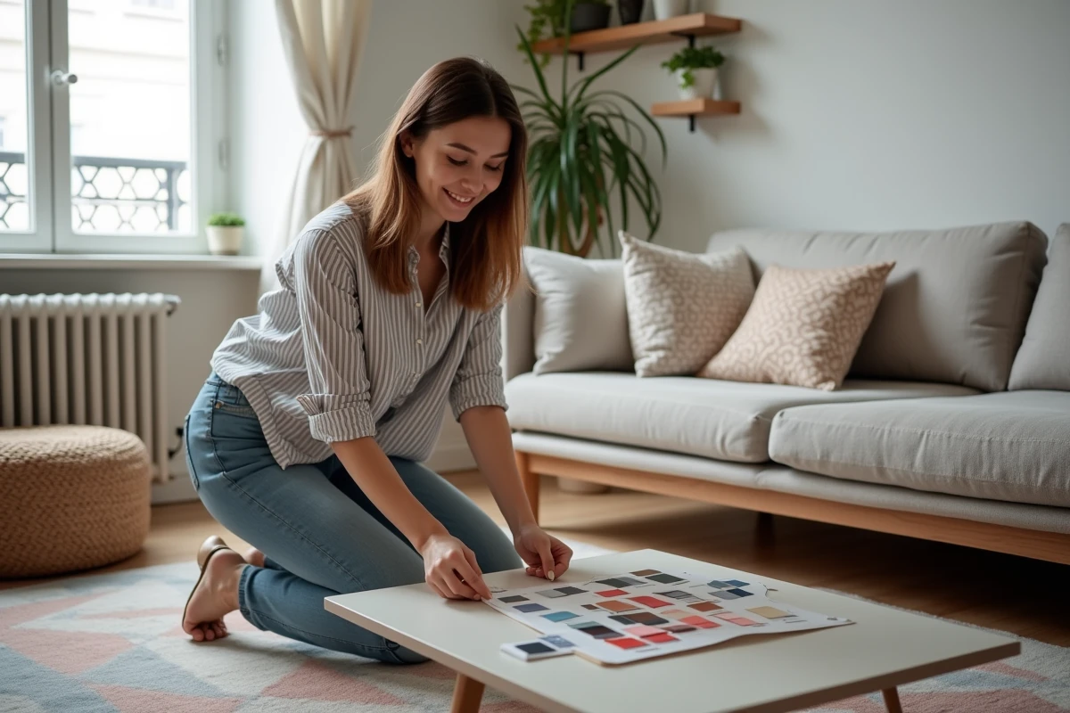 Jeune femme créative pinçant des échantillons de couleurs sur un mood board dans un salon parisien
