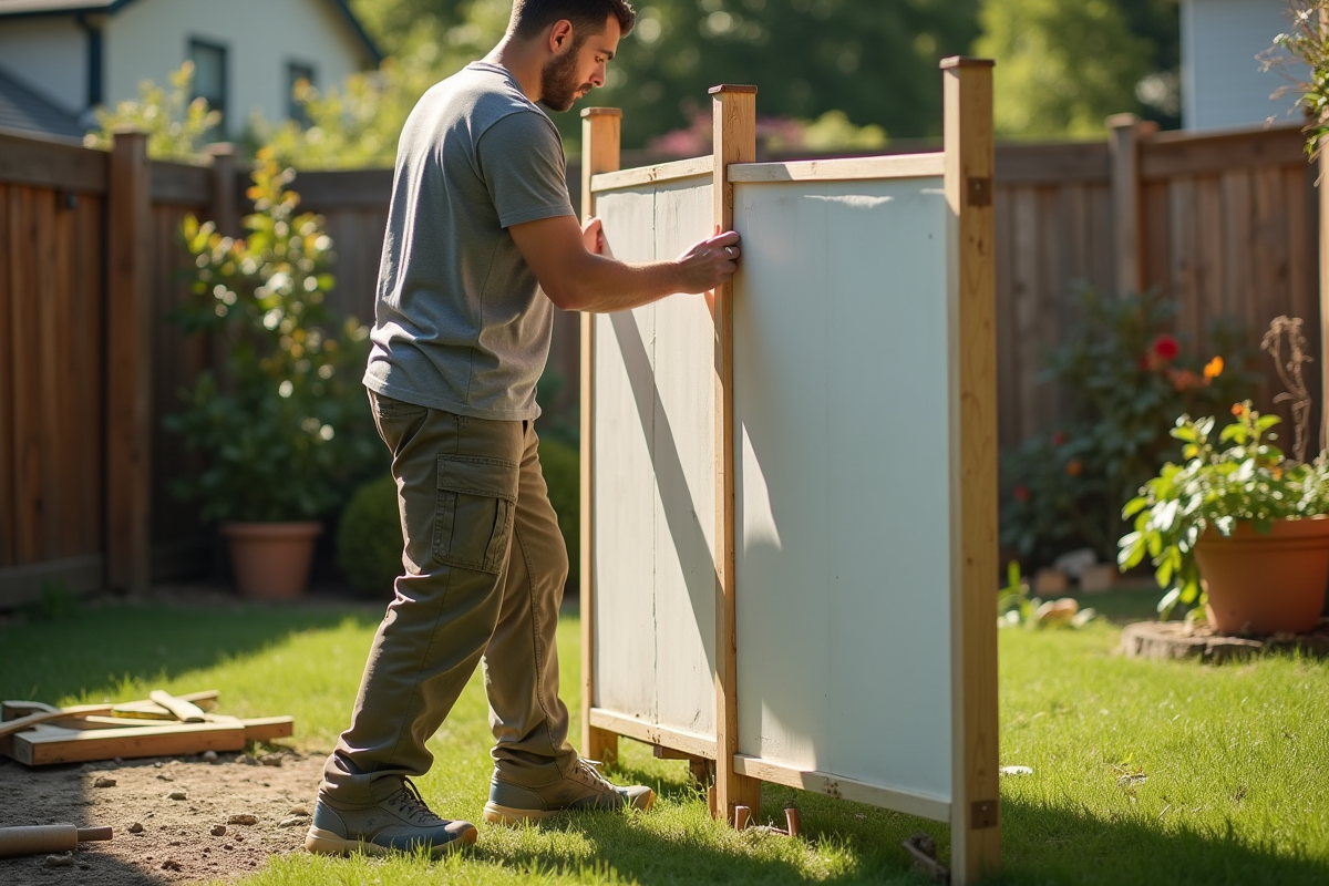 Jeune homme posant des bandes de soutien sur une enseigne en bois dans le jardin