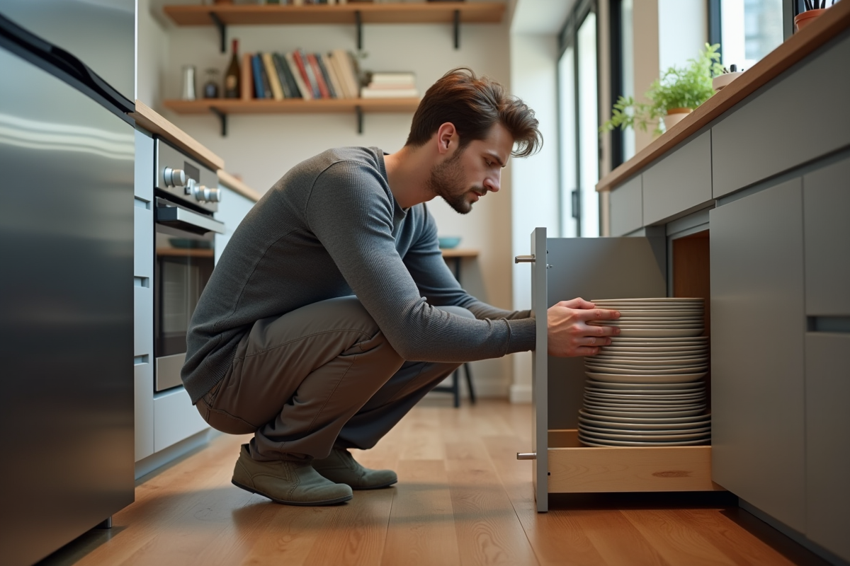 Jeune homme range des assiettes dans un placard pratique