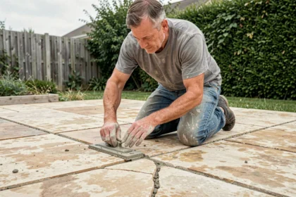 Artisan en train de réaliser le jointoiement d'une terrasse carrelée fissurée lors d'une rénovation extérieure