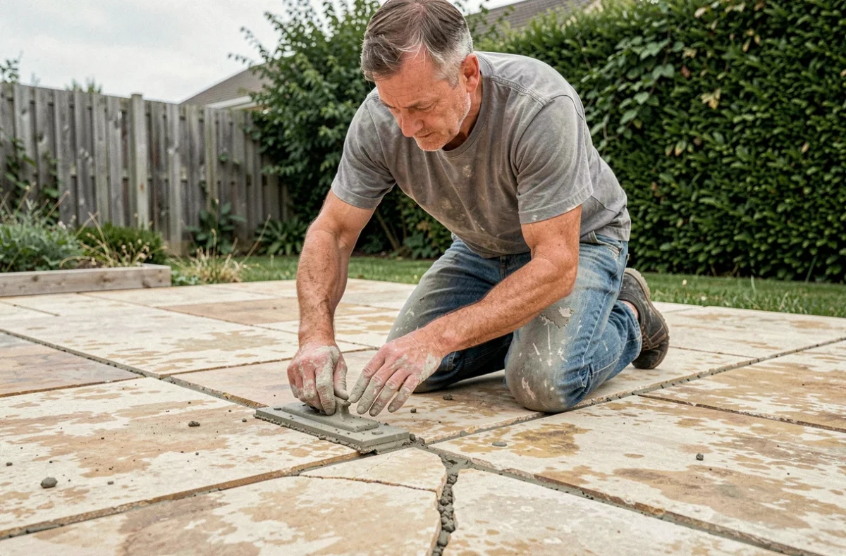 Artisan en train de réaliser le jointoiement d'une terrasse carrelée fissurée lors d'une rénovation extérieure