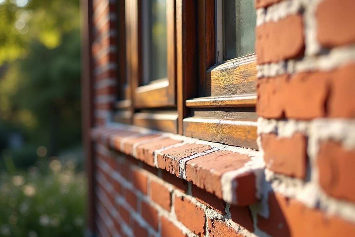 Gros plan sur la jointure scellee entre la fenêtre en bois et le mur en briques