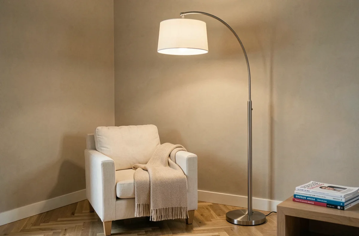 Lampe halogène sur pied moderne en arc avec abat-jour givré dans un salon contemporain au coin d'un fauteuil en lin crème