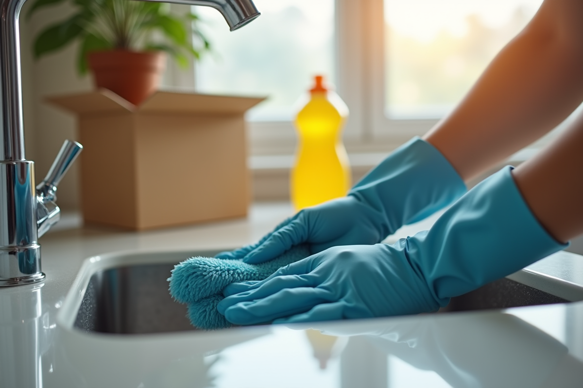 Mains gantées nettoyant un évier de cuisine moderne