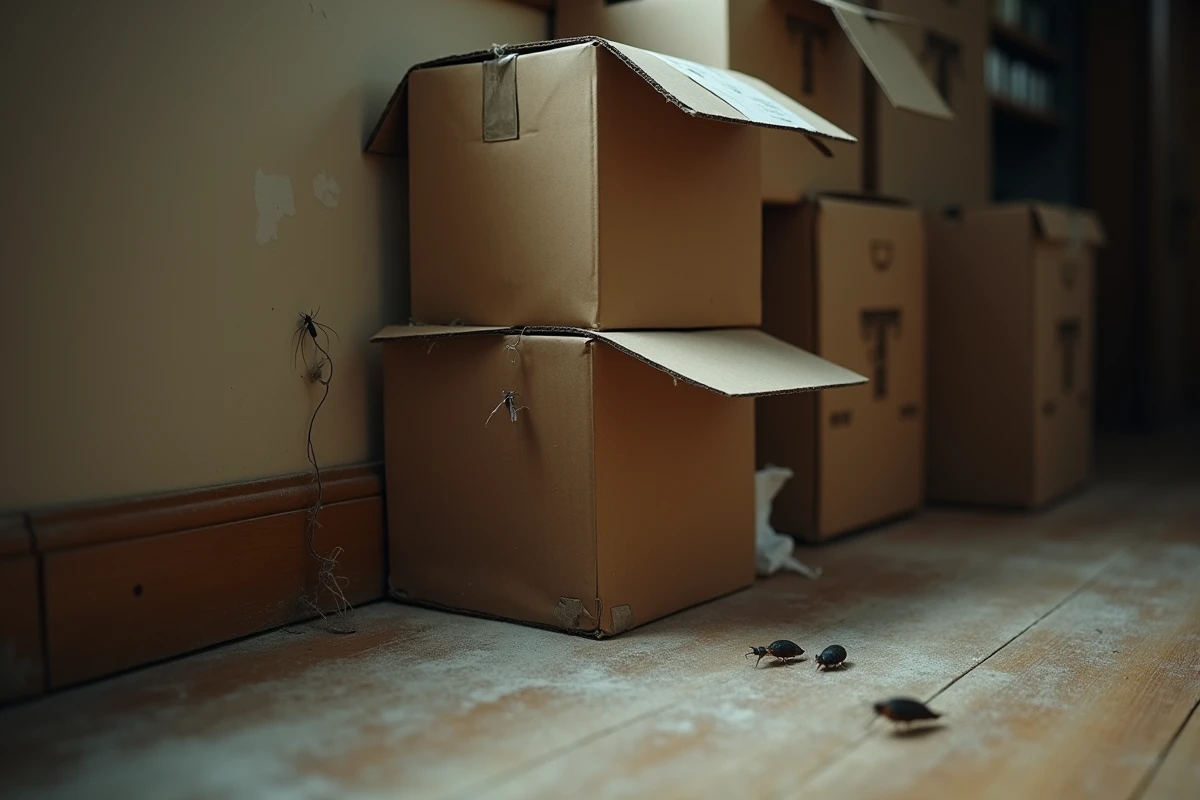 Lépisme argenté sur des cartons de stockage empilés dans un coin de salon encombré, illustrant les erreurs de rangement qui amplifient l'invasion de nuisibles