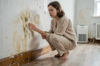 Locataire inspectant une tache d'humidité et de moisissure sur le mur d'un appartement en location