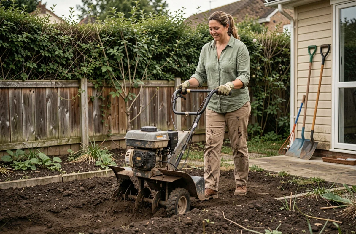 Femme utilisant un motoculteur loué pour préparer la terre dans un jardin résidentiel lors d'un aménagement paysager