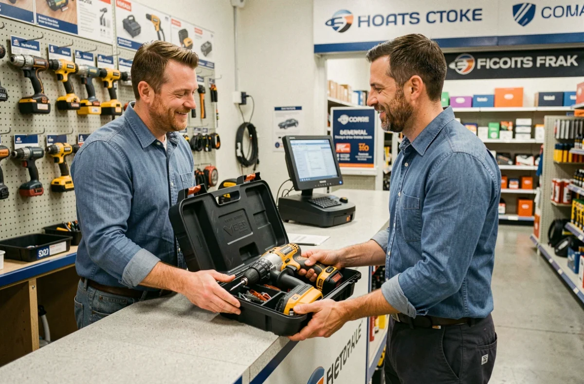 Client récupérant une perceuse louée au comptoir d'un magasin de location d'outils de bricolage