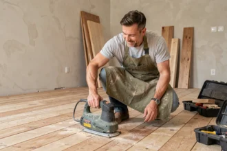 Homme en tablier de travail utilisant une ponceuse électrique louée sur un parquet en bois lors d'une rénovation intérieure