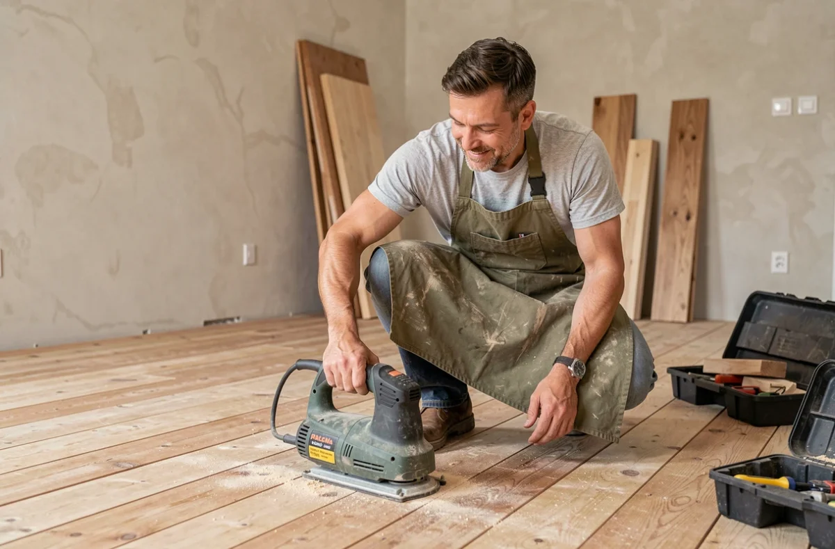 Homme en tablier de travail utilisant une ponceuse électrique louée sur un parquet en bois lors d'une rénovation intérieure