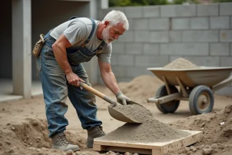 Maçon dosant le béton à la pelle sur un chantier de construction résidentiel