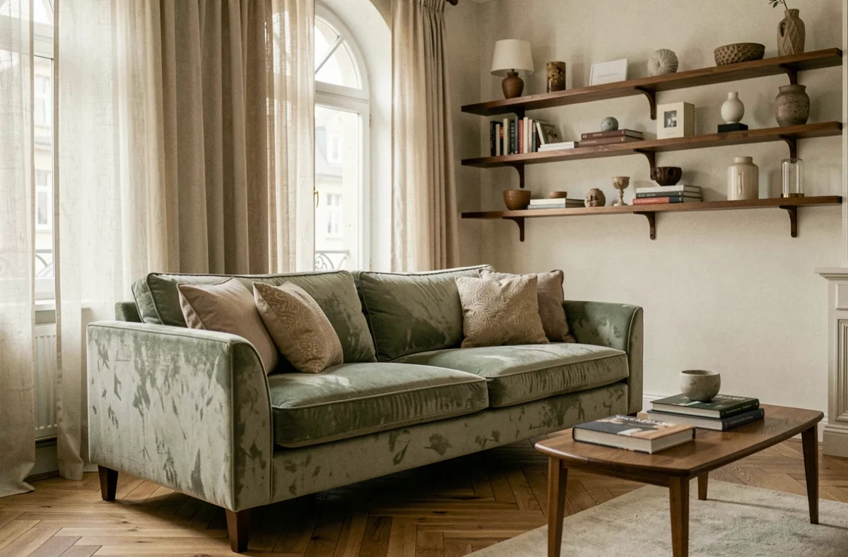 Salon rénové par Maison Marga à Strasbourg avec parquet en chêne et canapé en velours sauge