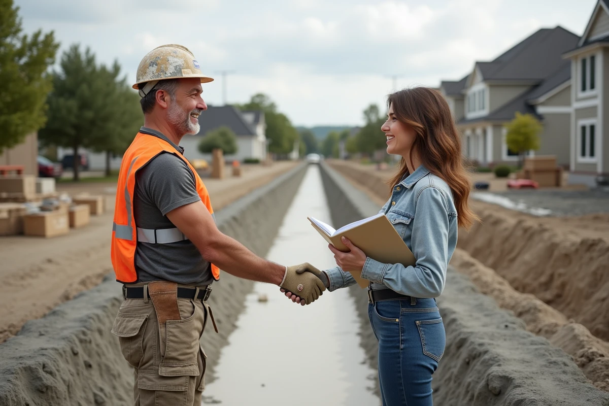 Maçon et femme échangeant un sourire sur un chantier