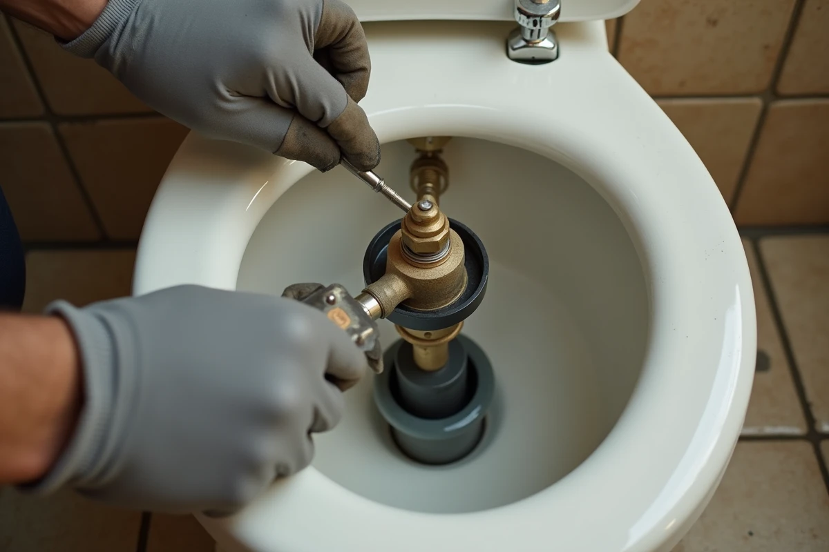 Plombier réglant le mécanisme intérieur d'un réservoir wc classique en porcelaine blanche avec robinet flotteur visible