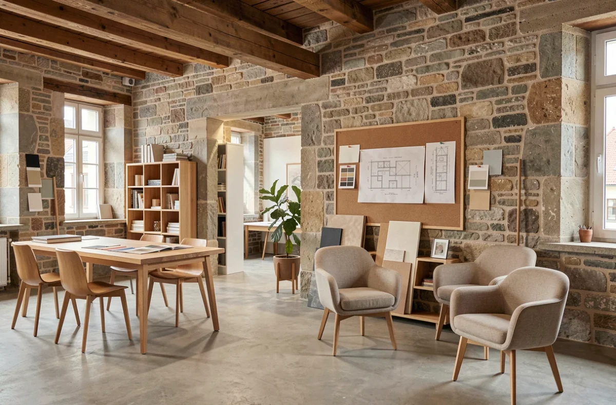 Studio d'architecte d'intérieur dans le Bas-Rhin avec plans, échantillons de matériaux et mobilier contemporain