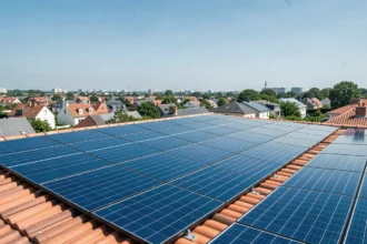 Vue large d'une installation de panneaux solaires sur des toits résidentiels en Seine-Saint-Denis