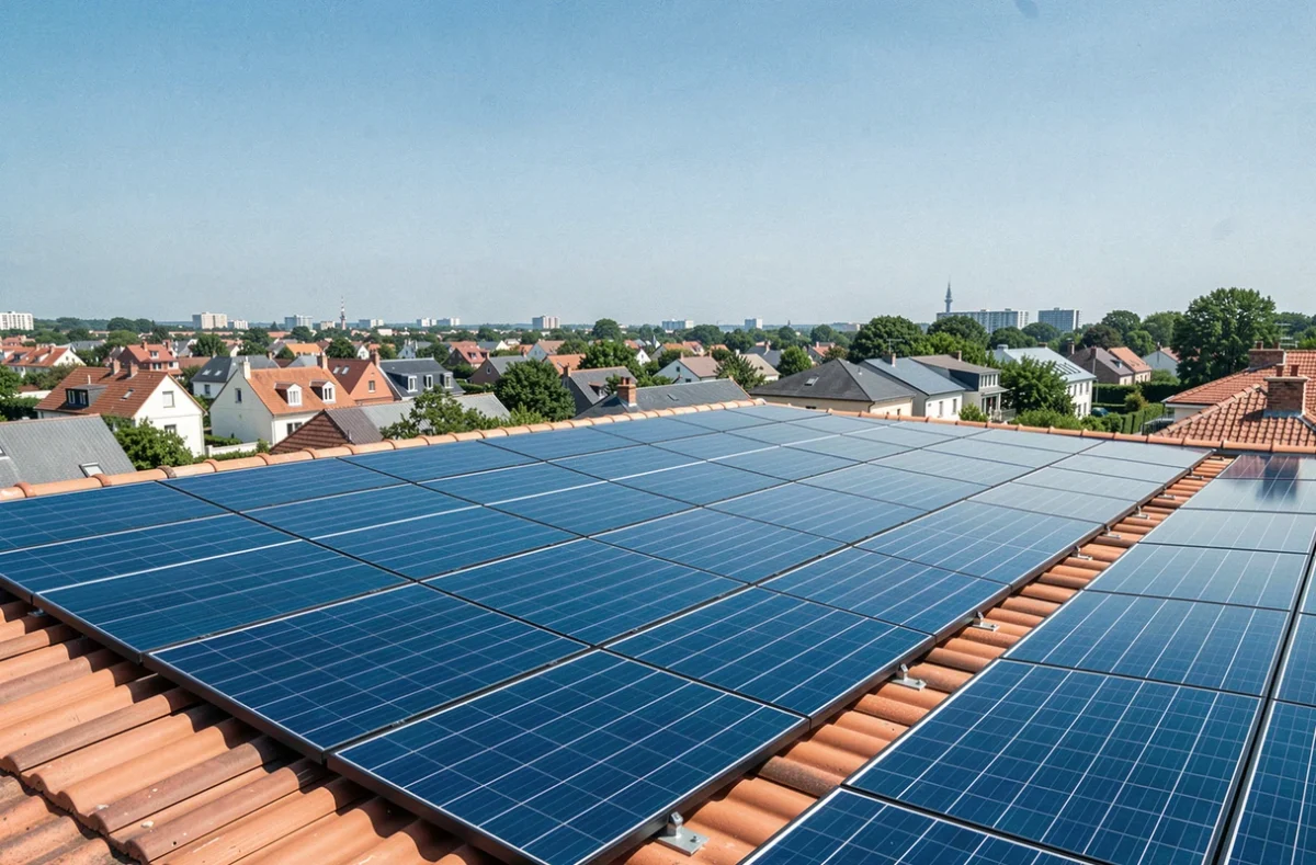 Vue large d'une installation de panneaux solaires sur des toits résidentiels en Seine-Saint-Denis