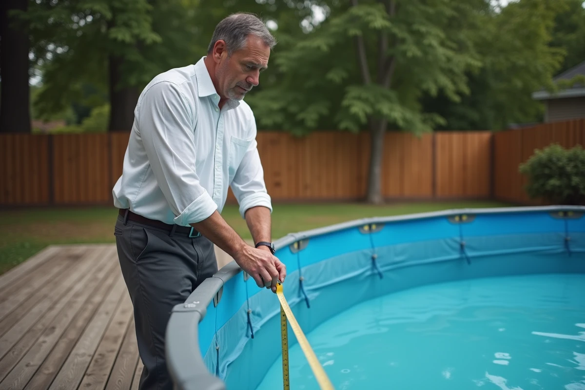 Homme mesurant la largeur d'une piscine hors-sol avec un mètre ruban pour calculer son volume