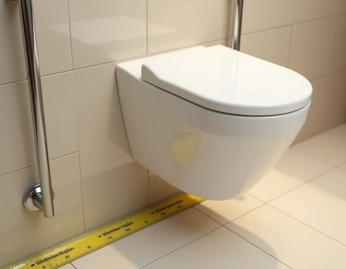 Mesure de la largeur d'espace libre autour d'un WC suspendu adapté PMR avec mètre ruban