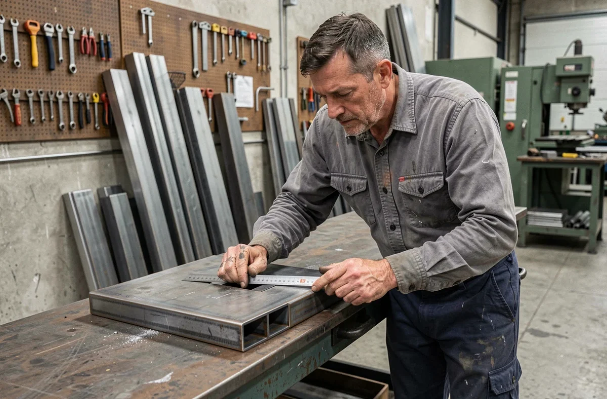 Artisan métallier mesurant un tube carré en fer pour fabrication d'une rambarde intérieure