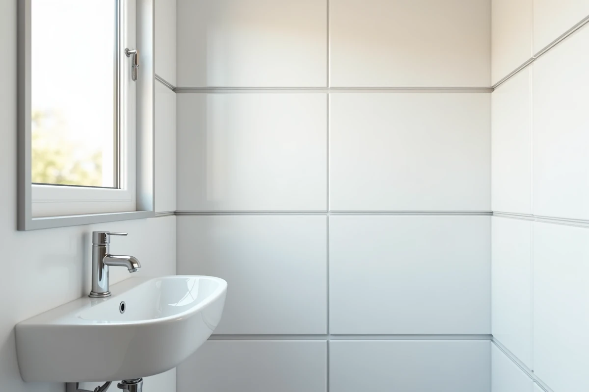 Mur de salle de bain entièrement recouvert de plaques PVC clipsables blanches avec profilé d'angle en aluminium