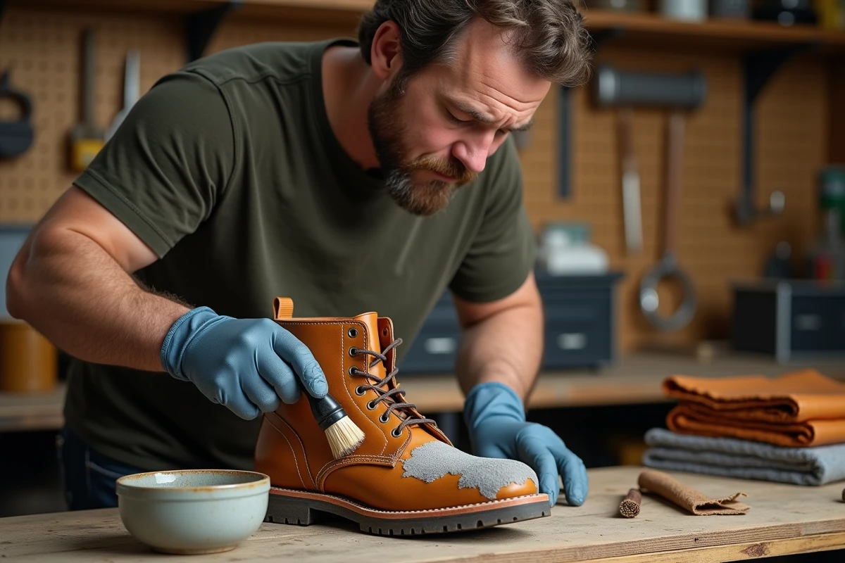 Homme nettoyant une botte en cuir moisie avec une brosse et du vinaigre dilué dans un atelier